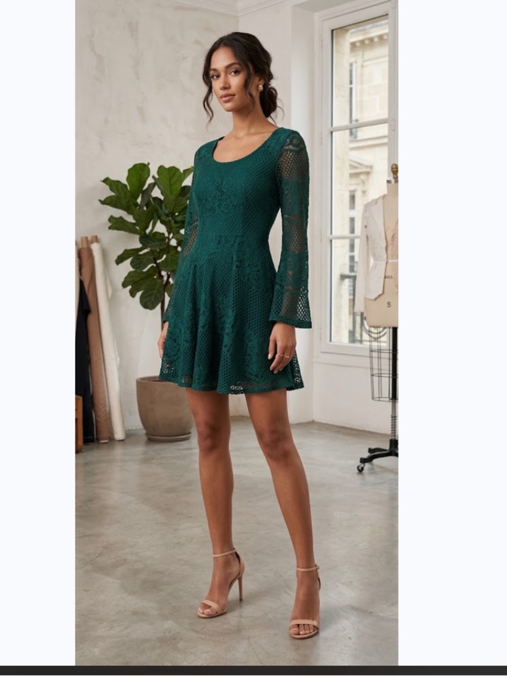 Dina Be Emerald Green Long Sleeves Lace Dress Sz M
